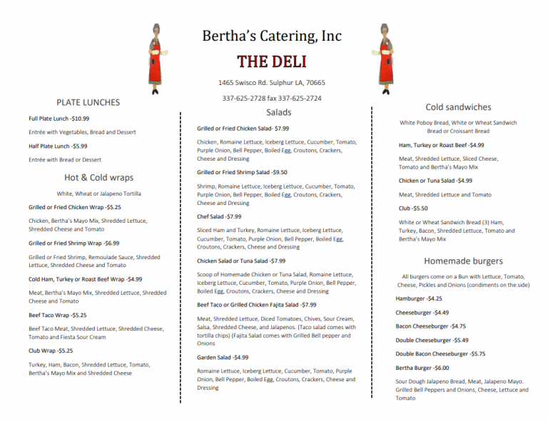 Deli Menu Bertha's Catering Sulphur, LA